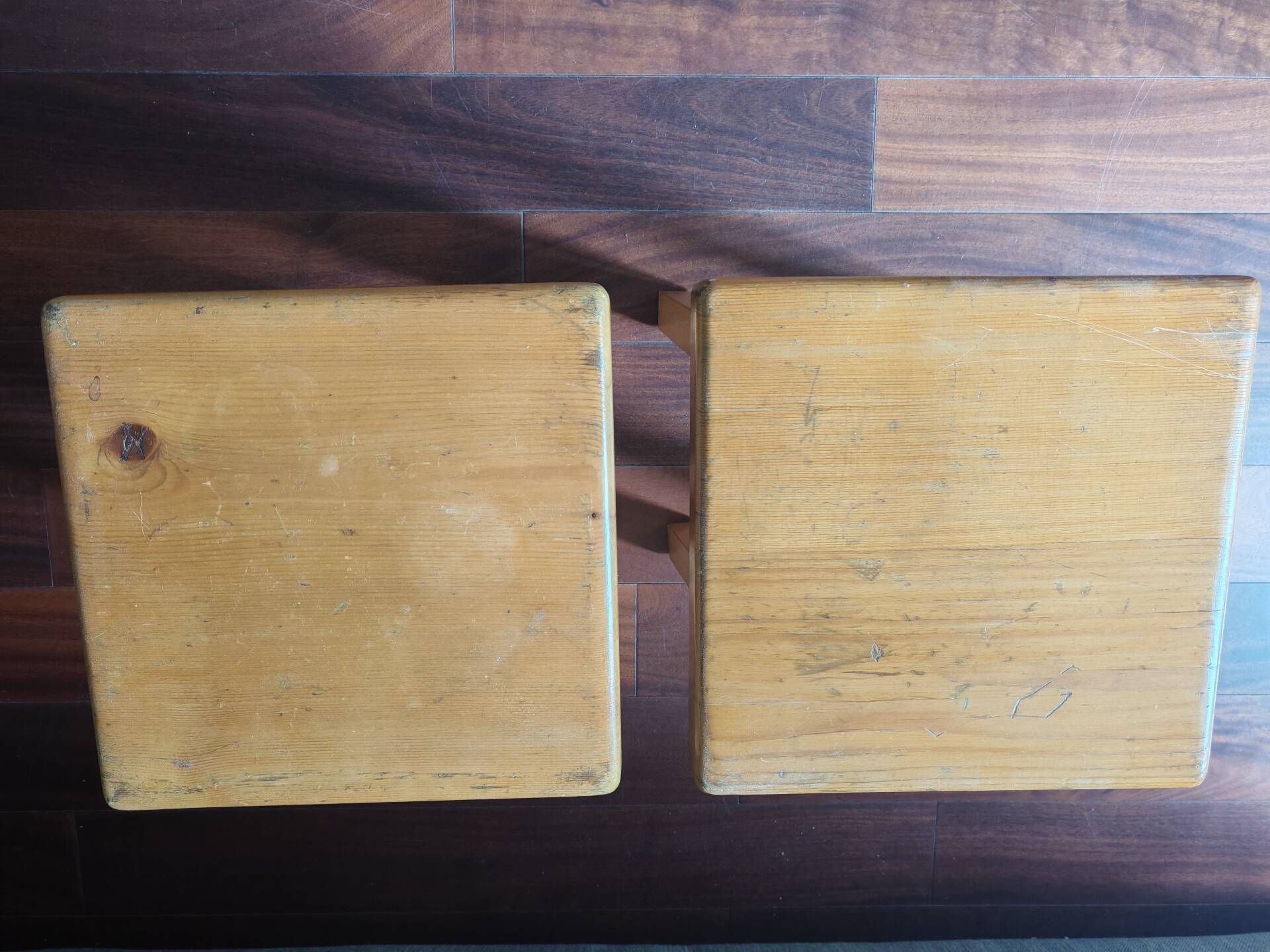1 set of 2 solid pine stools by Charlotte Perriand, Les Arcs, France.
