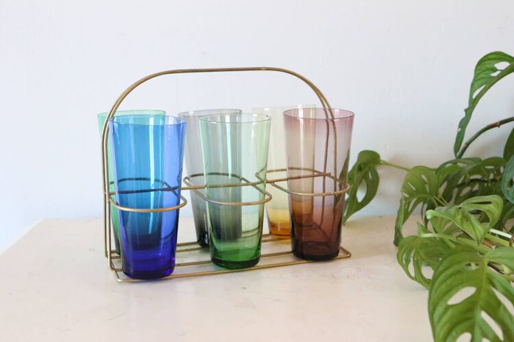 Support à verre en métal et ses 6 verres, vintage, authentique, années 60