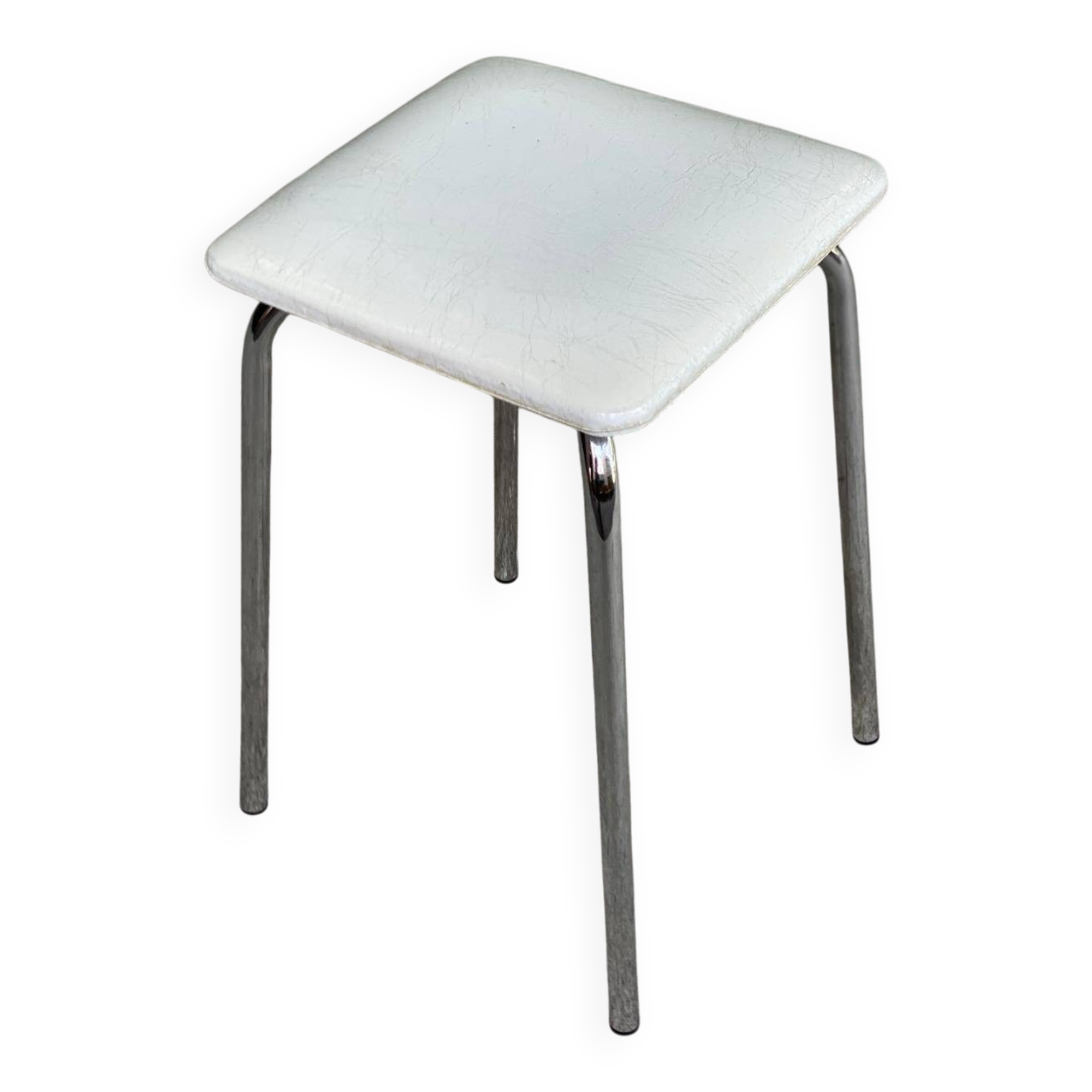 Vintage square steel and white leather stool