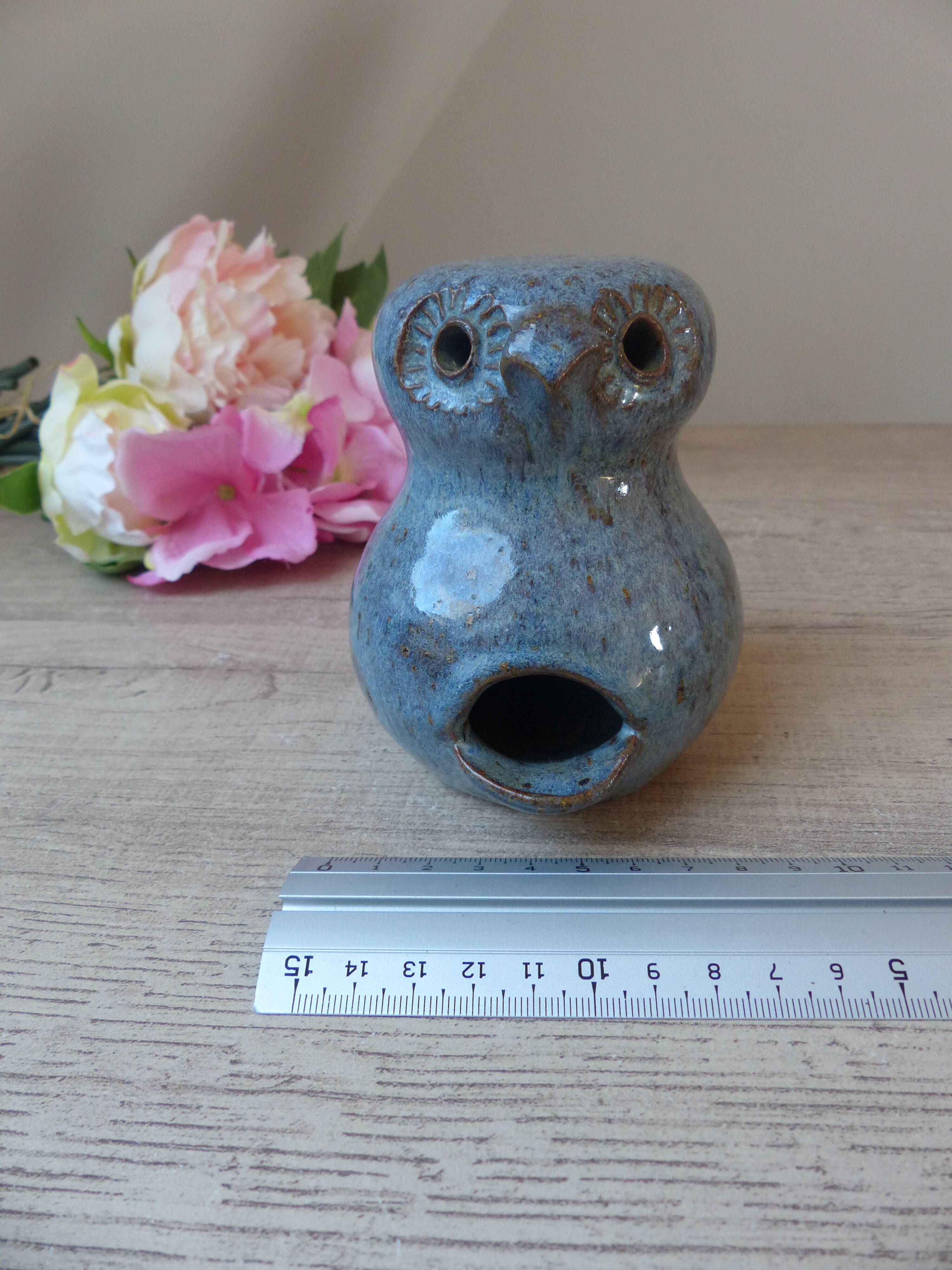 Owl figurine in blue sandstone ceramic, zoomorphic owl in vintage pottery