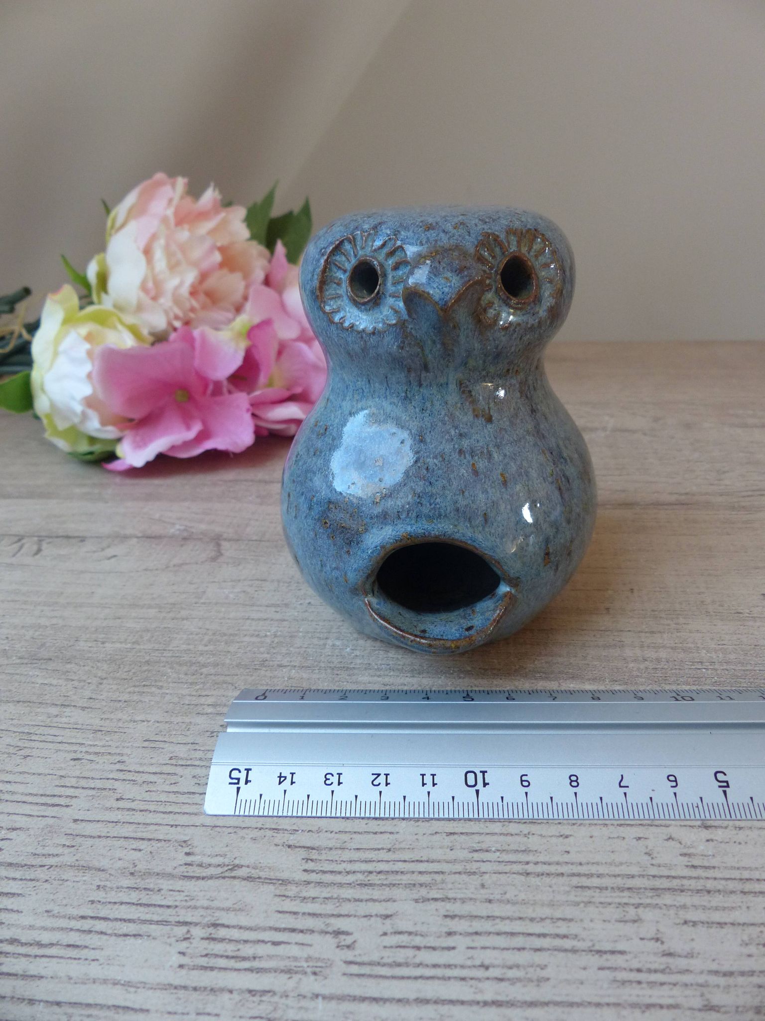Ceramic stoneware owl figurine, vintage pottery zoomorphic owl.