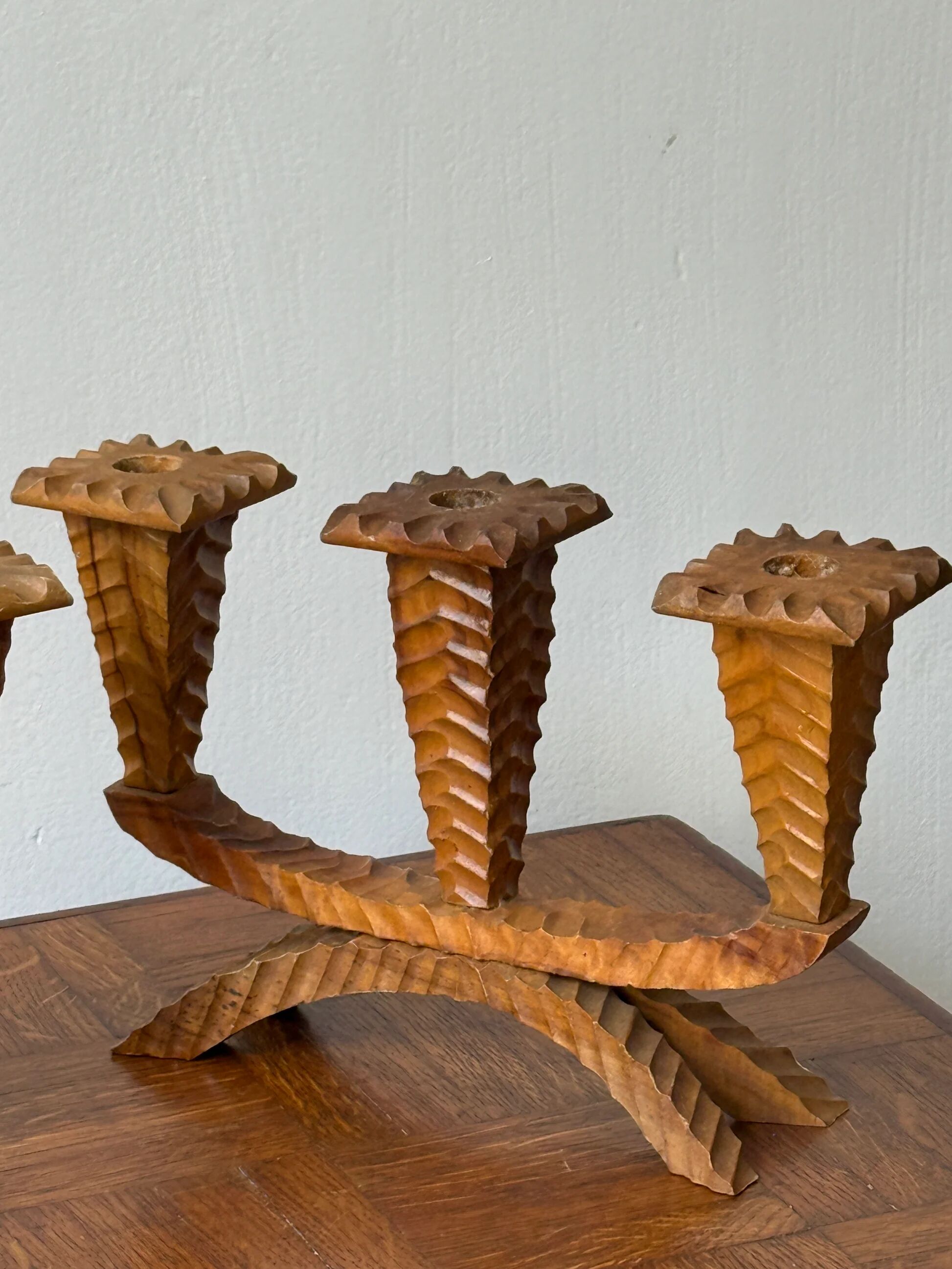 Pair of carved wooden candlesticks - 3 branches