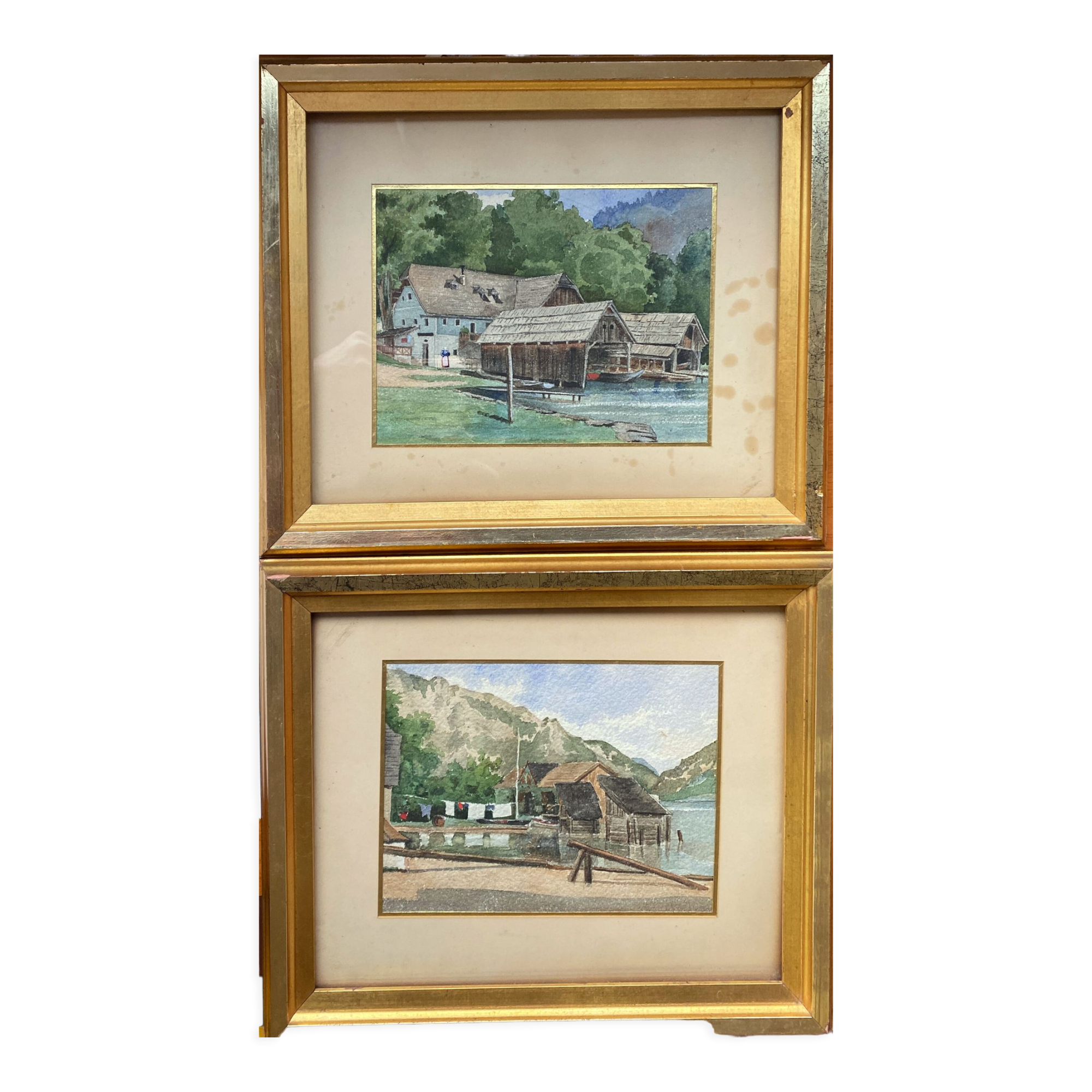 Watercolor paintings Austria Furberg and Unterach and frame circa 1950