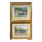 Paire d'aquarelles, Autriche Furberg et Unterach avec cadre vers 1950