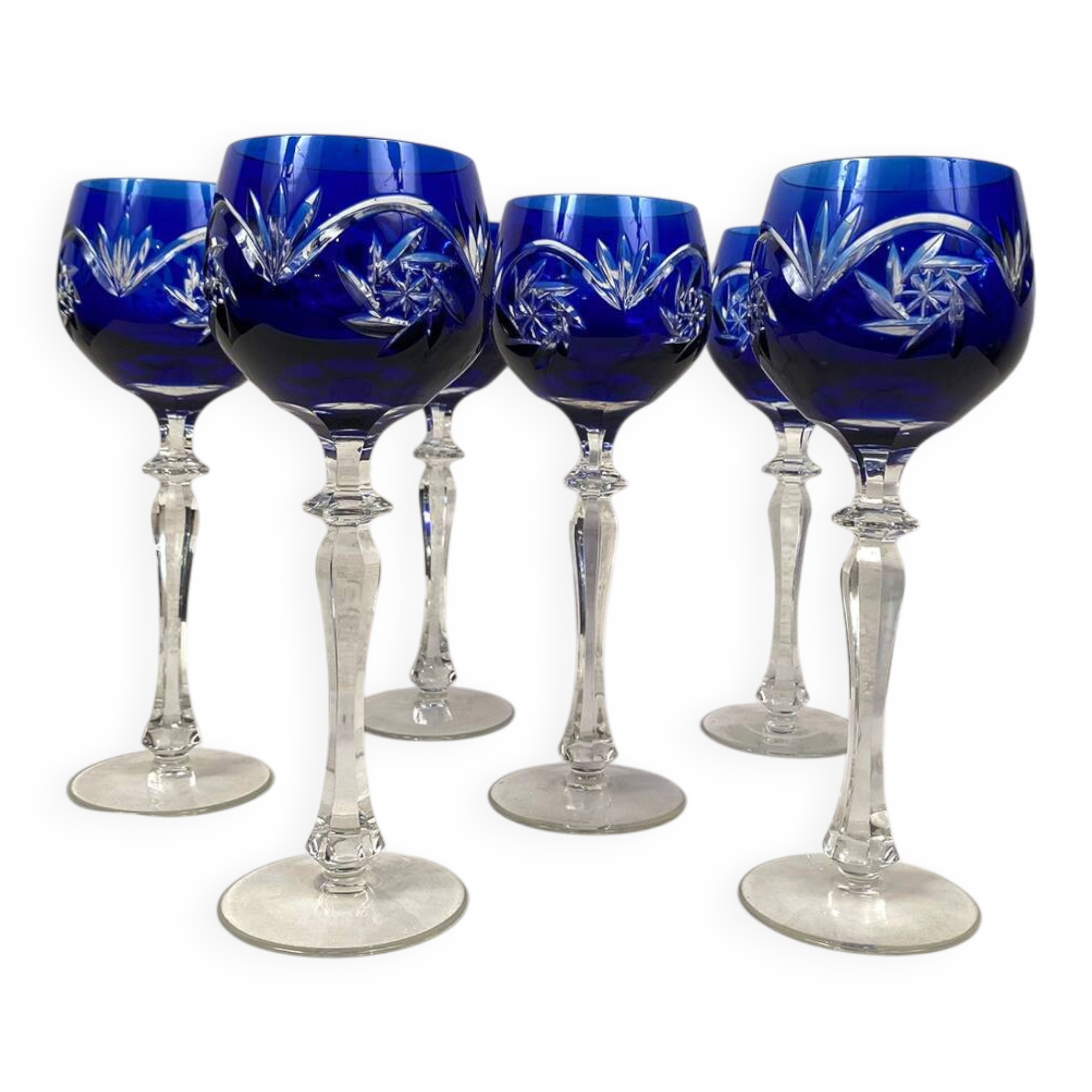 Bohemia. Series of six cut crystal wine glasses from the Rhine in blue.