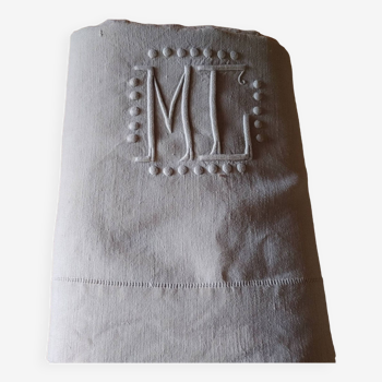 Drap ancien en lin écru monogramme MC - 268 x 202 cm