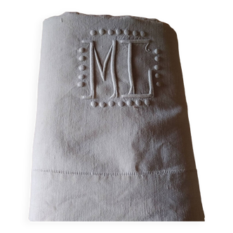 Drap ancien en lin écru monogramme MC - 268 x 202 cm