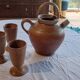Iridescent carafe and 3 stoneware mazagrans from Digouin. Handmade work.