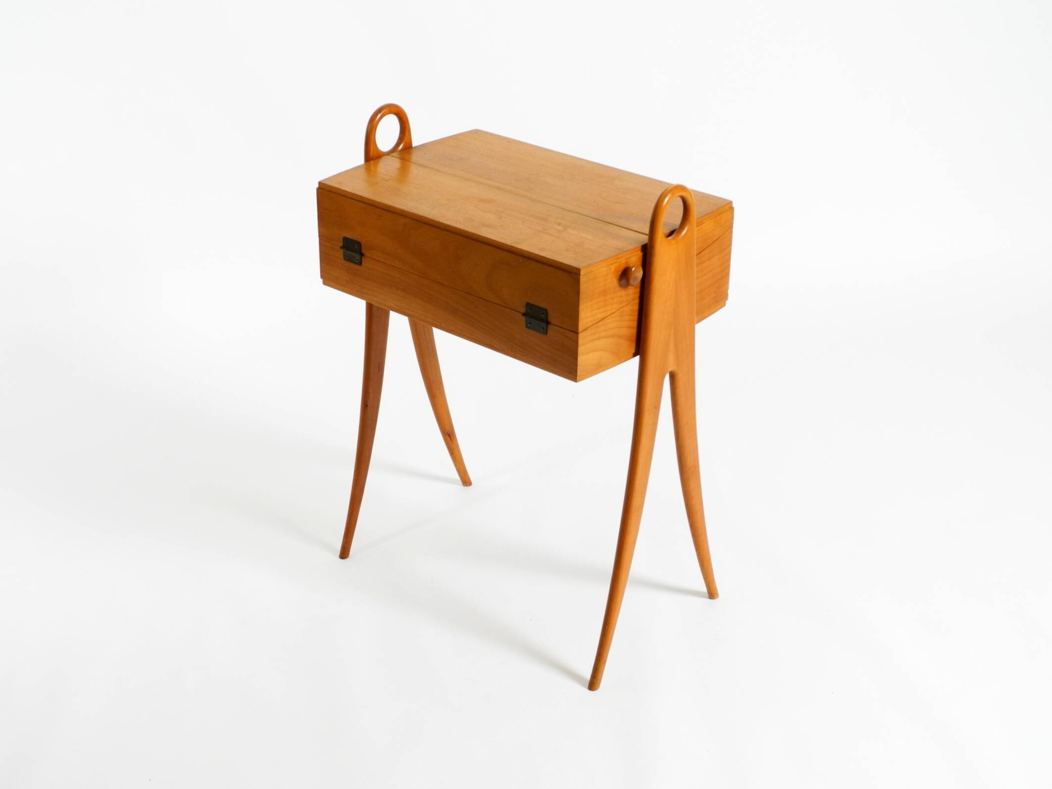 1950s ash wood sewing box, with a hinged top, multiple compartments