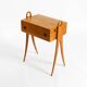 1950s ash wood sewing box, with a hinged top, multiple compartments