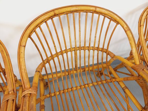 Suite de 4 fauteuils vintage en rotin des années 60