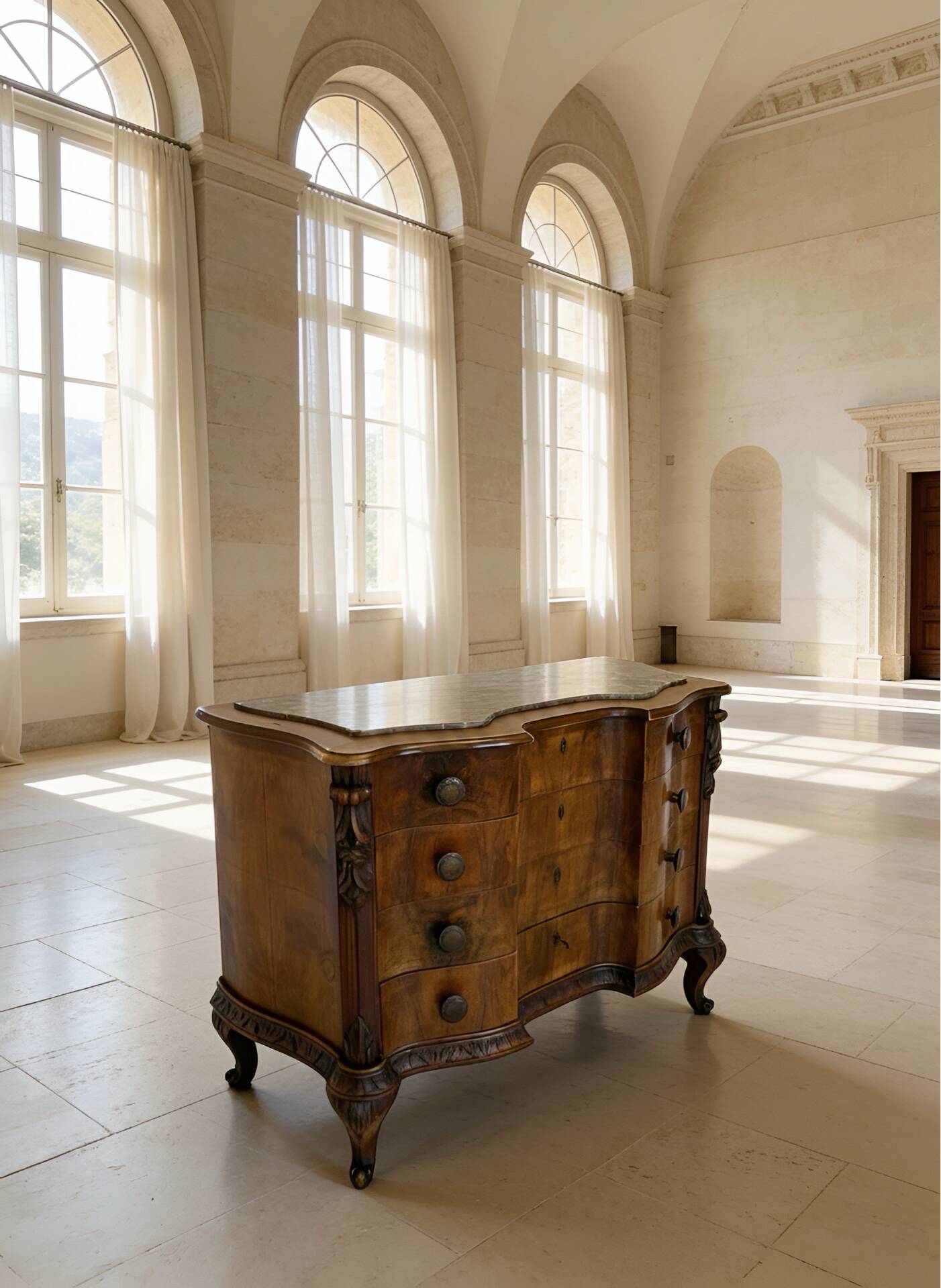 serpentine commode in antique walnut