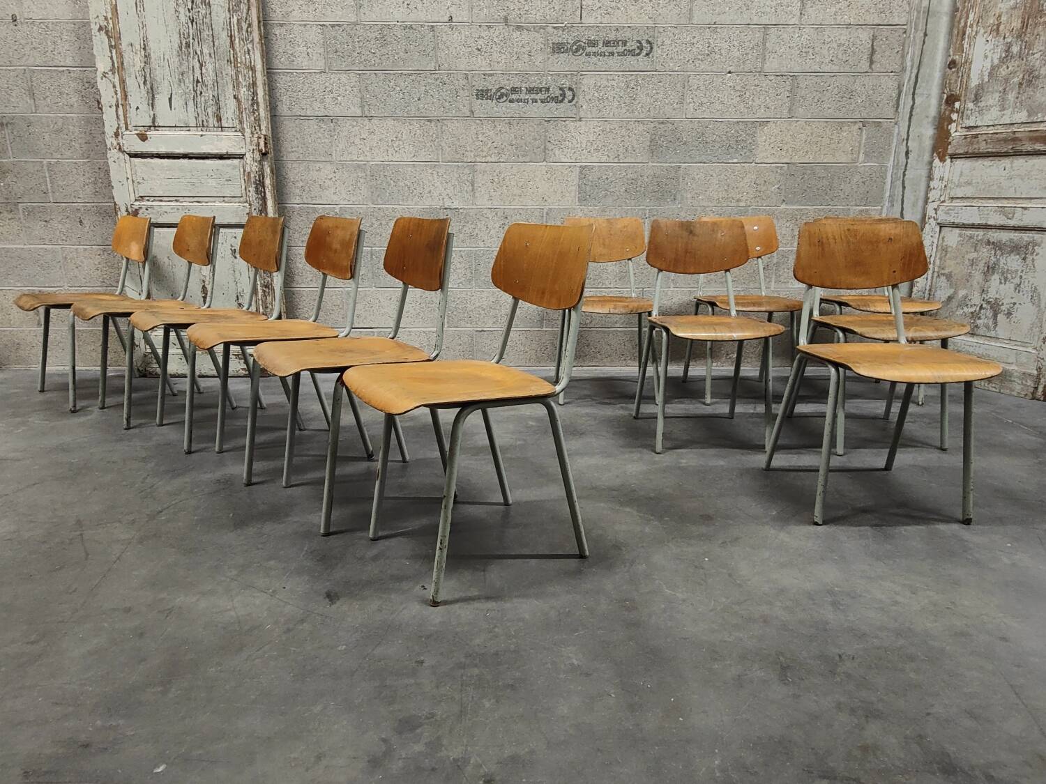 Set of 12 metal and wood school chairs Czechoslovakia Kovona
