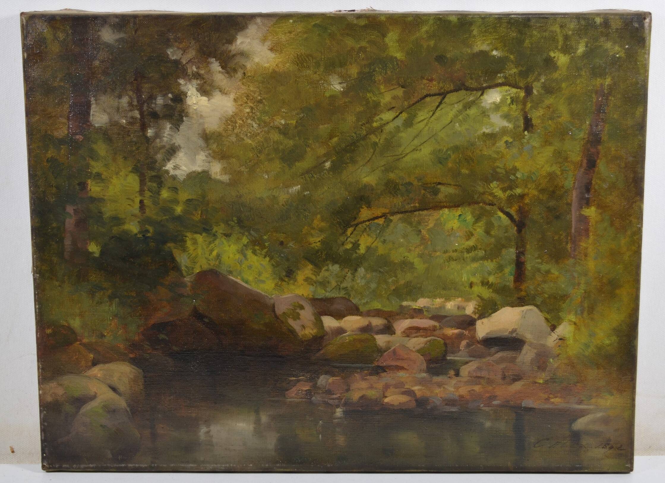 Barbizon school "stream in an undergrowth" signed and dated 1892