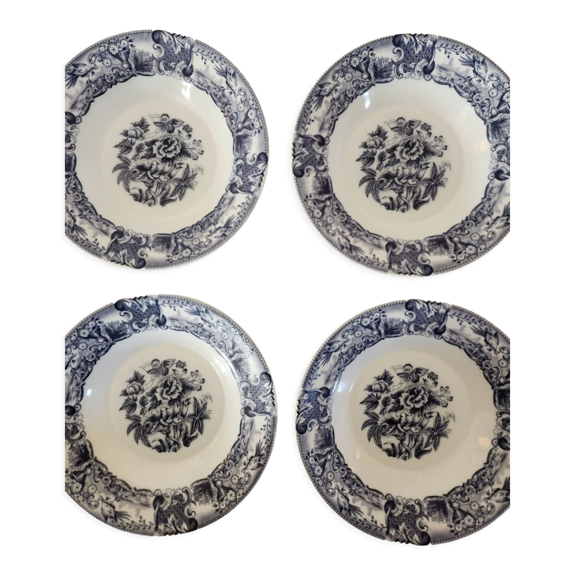 Set of 4 opaline hollow plates floral blue / black decoration