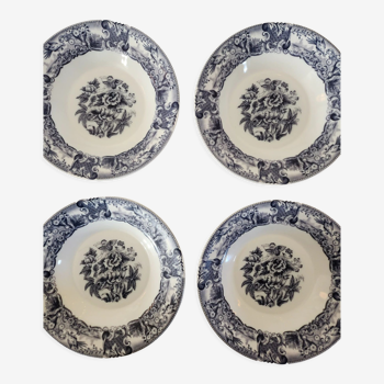 Set of 4 opaline hollow plates floral blue / black decoration