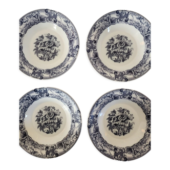 Set of 4 opaline hollow plates floral blue / black decoration