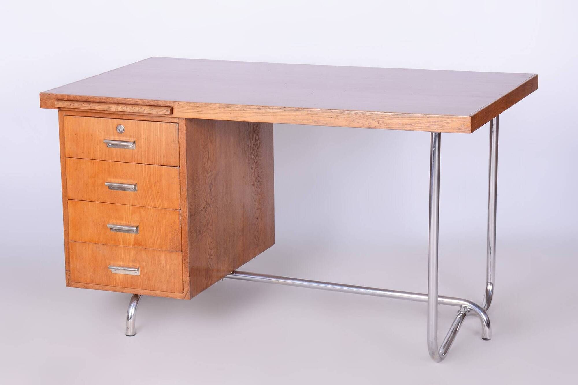 Restored Bauhaus Oak Writing Desk, Hynek Gottwald, Chrome, Czechia, 1930s