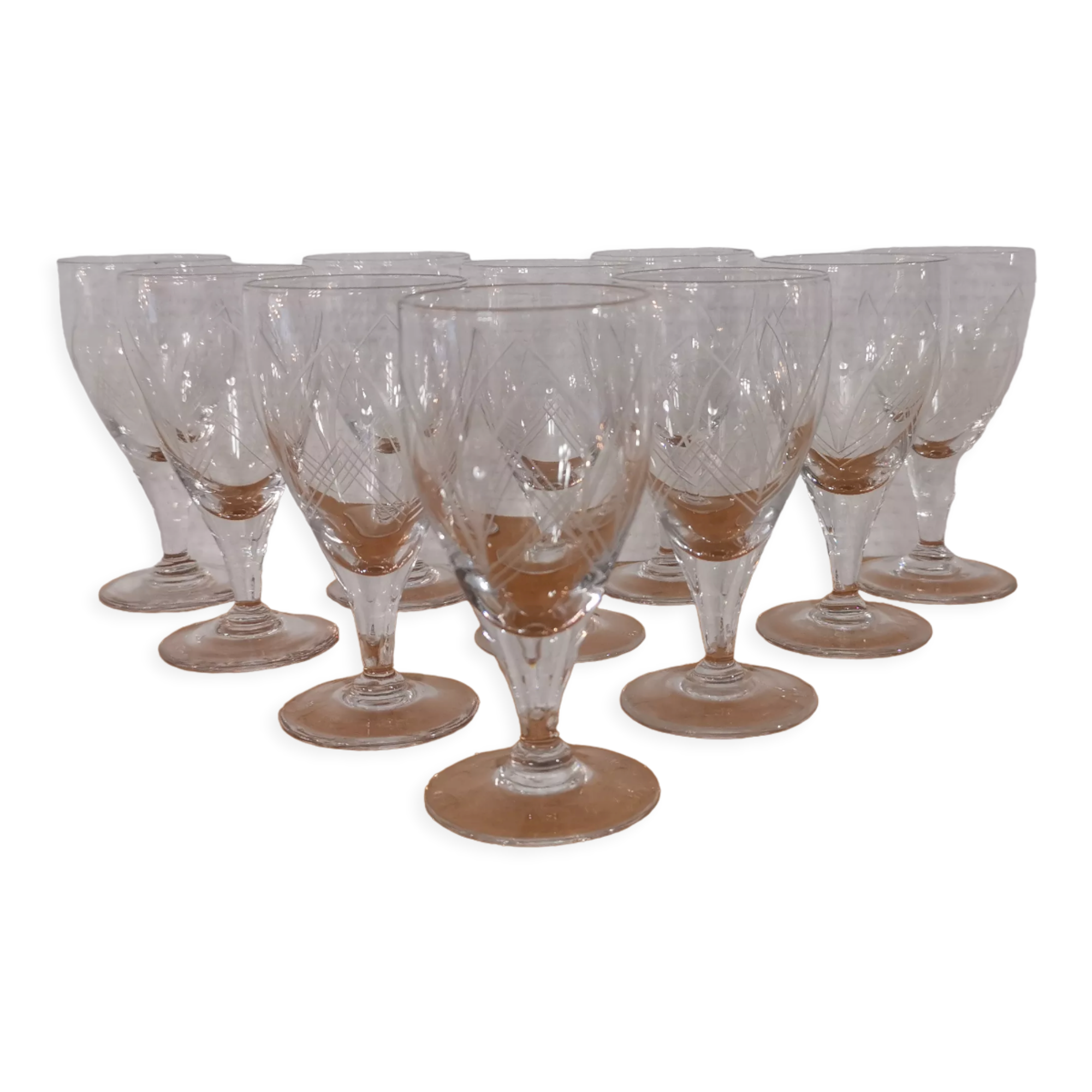 Old very fine stemmed glasses in chiseled crystal from the 50s
