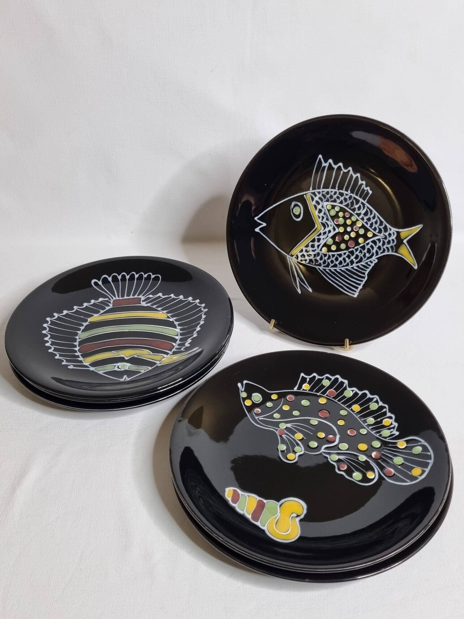 Set of 6 vintage plates with fish decoration after Robert Picault, 1960, 24 cm