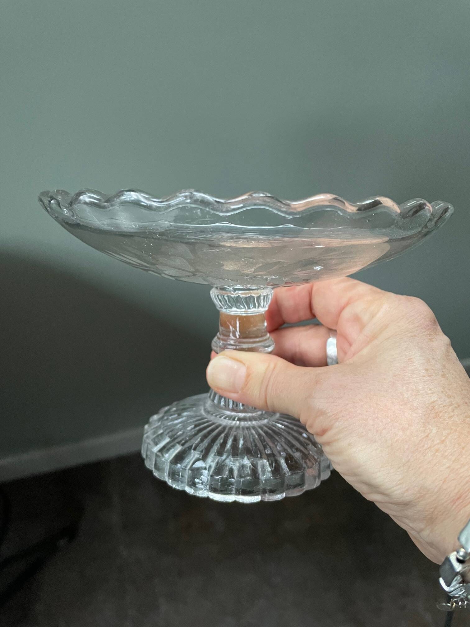 antique footed bowl in engraved glass - fruit bowl