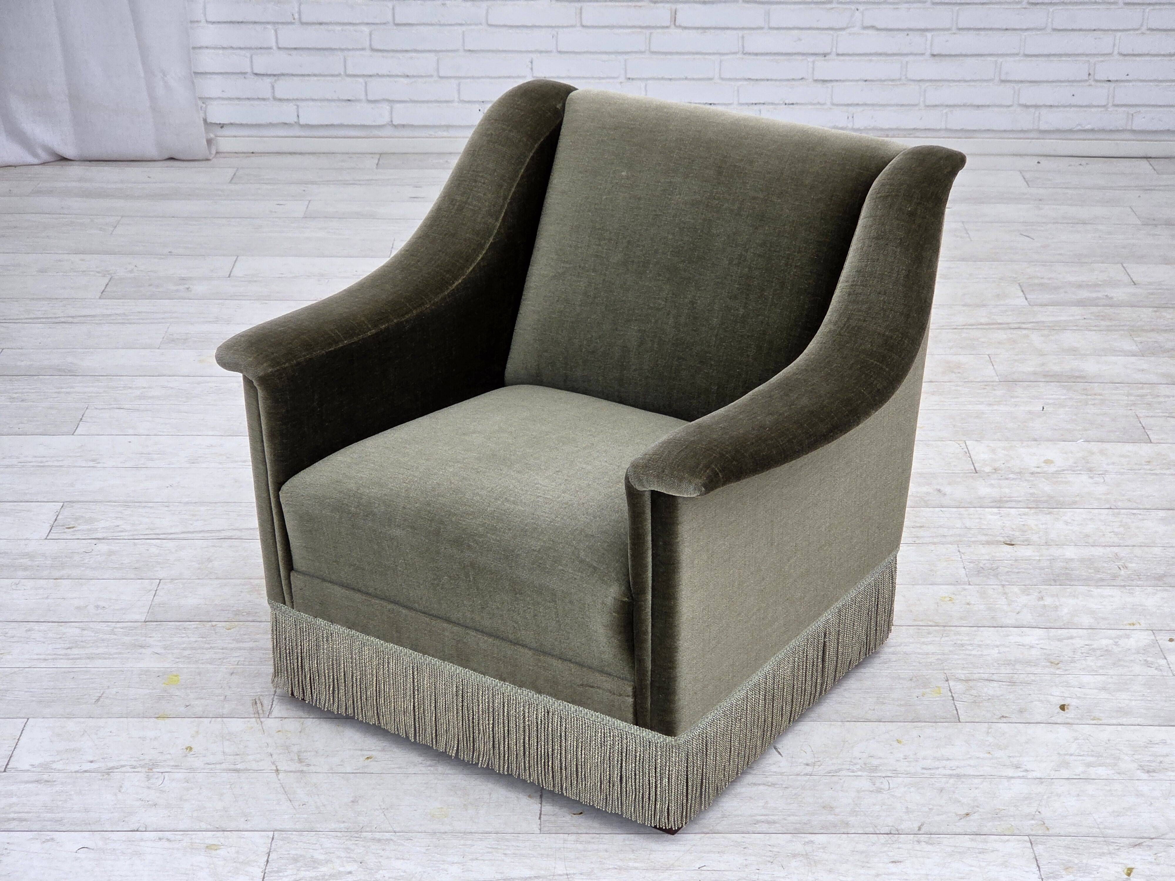 1970s, Danish armchair, original green furniture velour, beech wood.