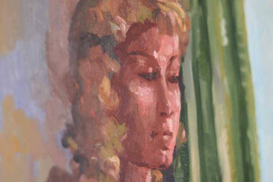Original Swedish oil on canvas – “Woman with Flowers” by Bendt Lauritzen – signed, framed 82 × 72 cm (32.3" × 28.3")