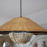 Suspension rotin/osier & verre ancien