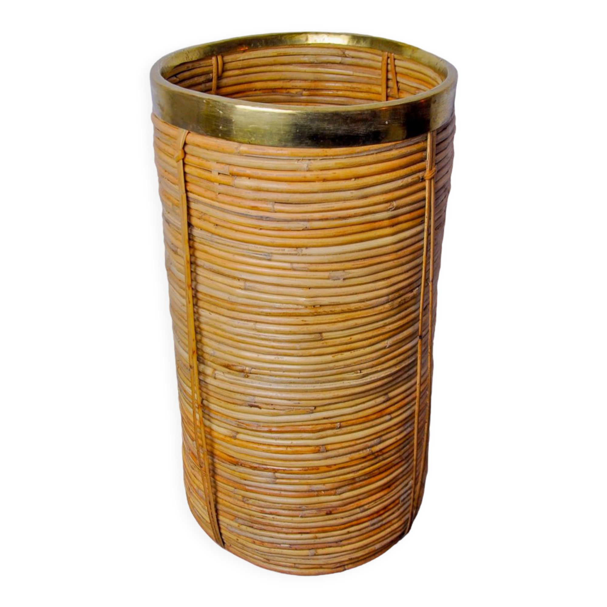 Rattan and brass umbrella stand, Italy, 1970