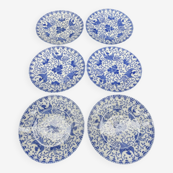 Service 6 assiettes à dessert, décor floral, fleurs, Porcelaine du Japon, motif Phénix, Bleu, Japon