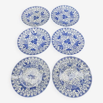 Service of 6 dessert plates, floral decoration, flowers, Japanese porcelain, Phoenix pattern, Blue, Japan