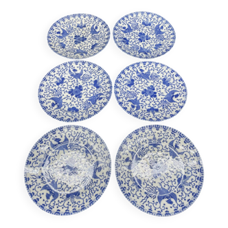 Service of 6 dessert plates, floral decoration, flowers, Japanese porcelain, Phoenix pattern, Blue, Japan