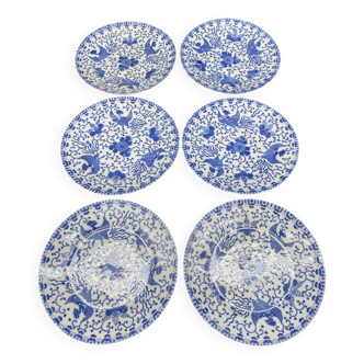Service 6 assiettes à dessert, décor floral, fleurs, Porcelaine du Japon, motif Phénix, Bleu, Japon