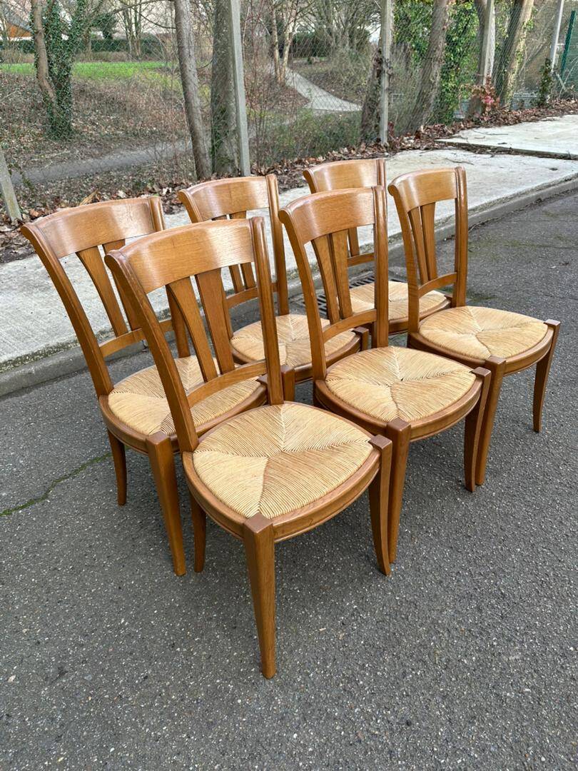 6 Louis XVI Directoire style chairs from the 20th century with rush seats.