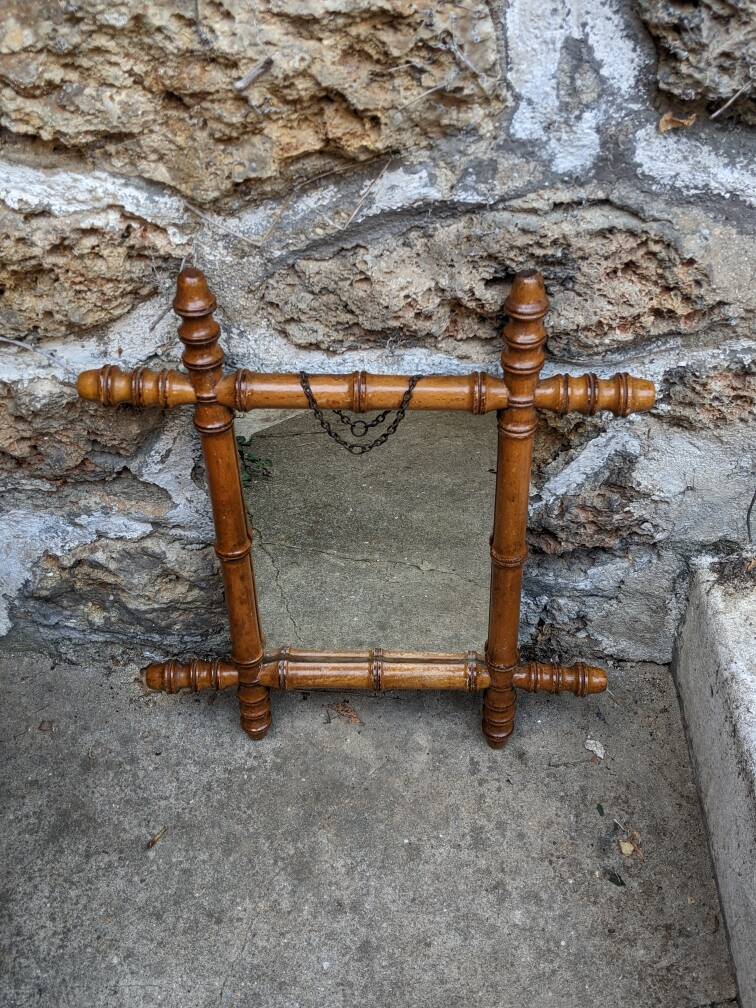 Vintage mirror with bamboo effect wood, country decor, flea market, chain