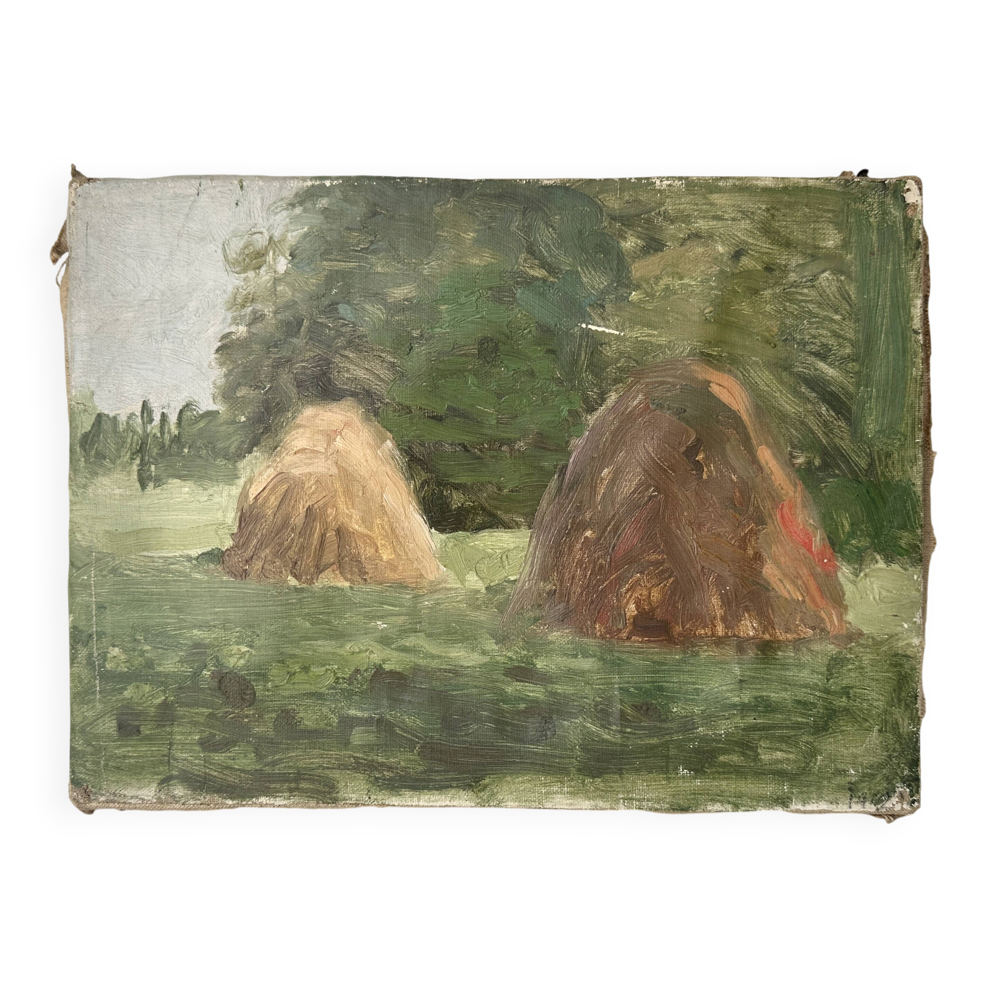 Old oil painting on canvas "The Haystacks" dated 1902.