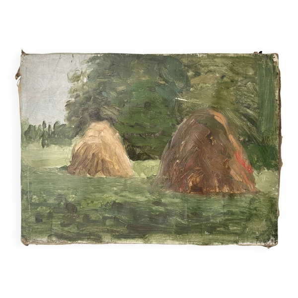 Ancien paysage à l'huile sur toile ''les meules de foin'' daté 1902