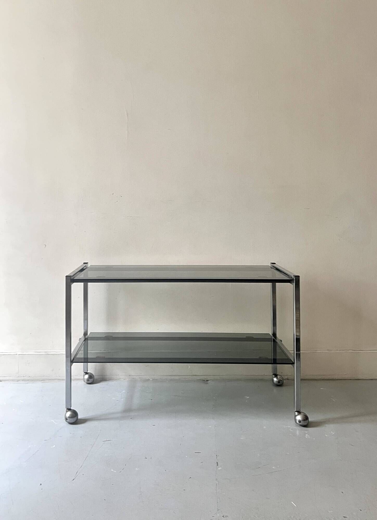 Low hi-fi/TV trolley in chrome and smoked glass, 1970s design