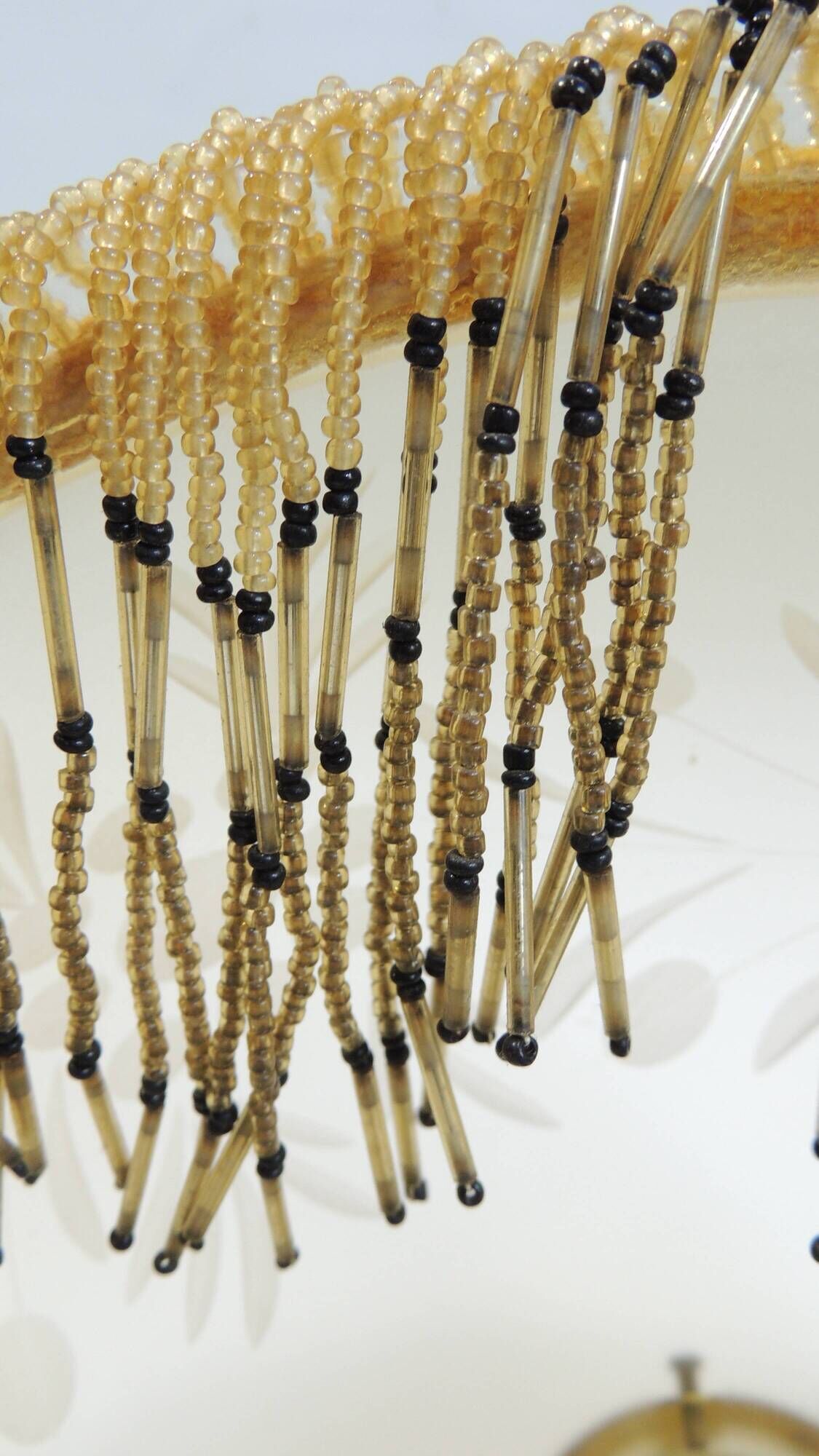 Vintage frosted glass pendant light with beaded fringes - Art Deco lamp