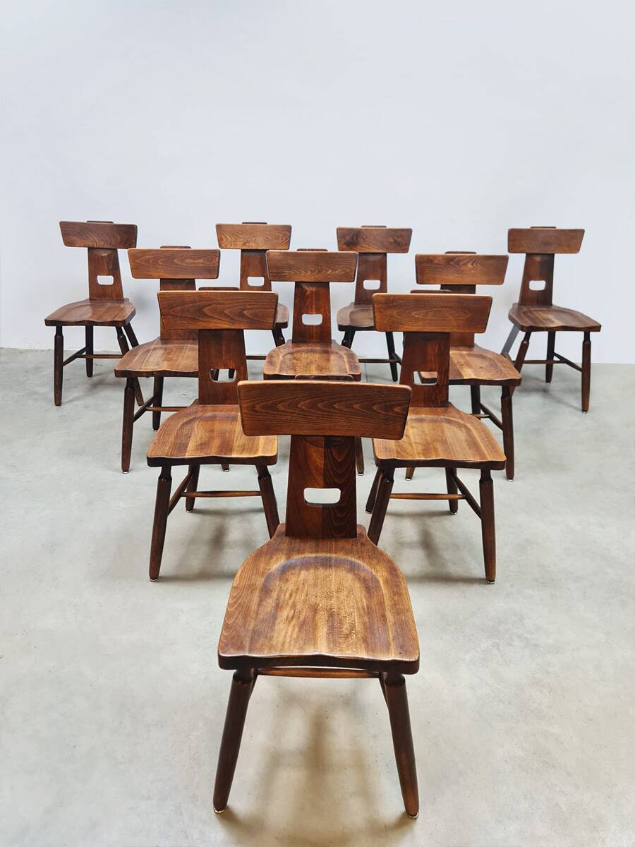 Vintage brutalist T-back dining chairs Pierre Chapo style