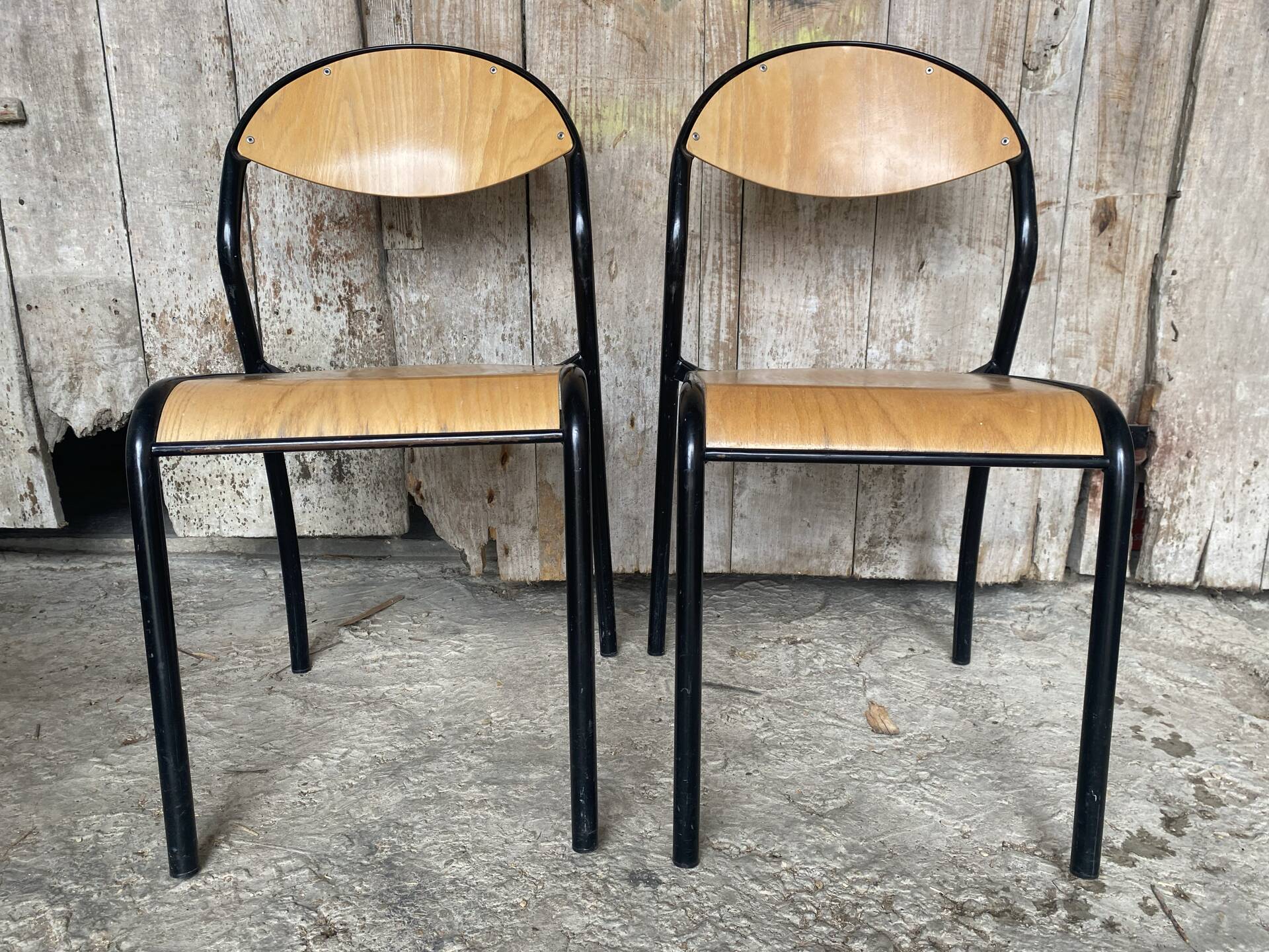 Paire Chaise Ancienne Écolier Style MULLCA Métal Noir + Bois Vintage #