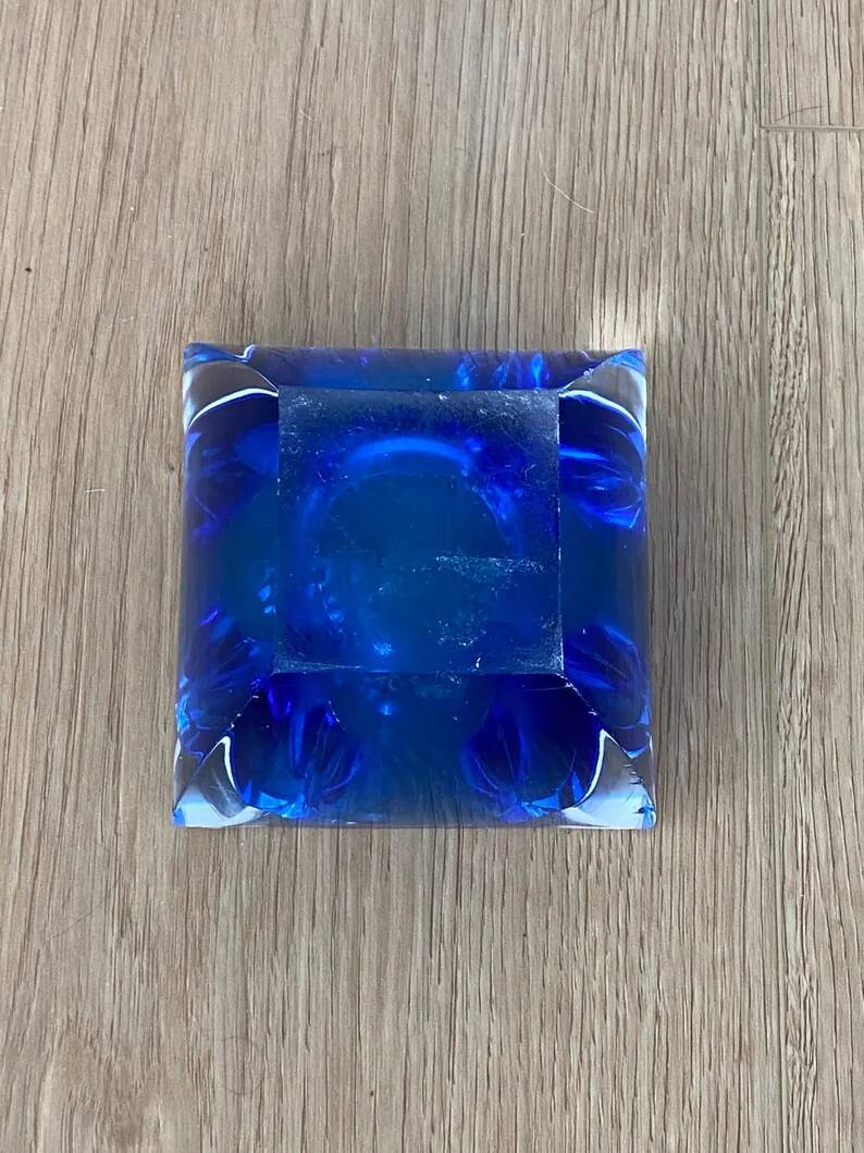Vintage Sommerso glass ashtray in Murano style, square blue shape.