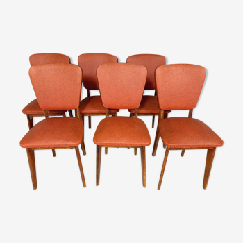 Suite of 6 vintage chairs in wood and skai 50s