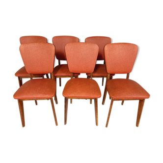 Suite of 6 vintage chairs in wood and skai 50s