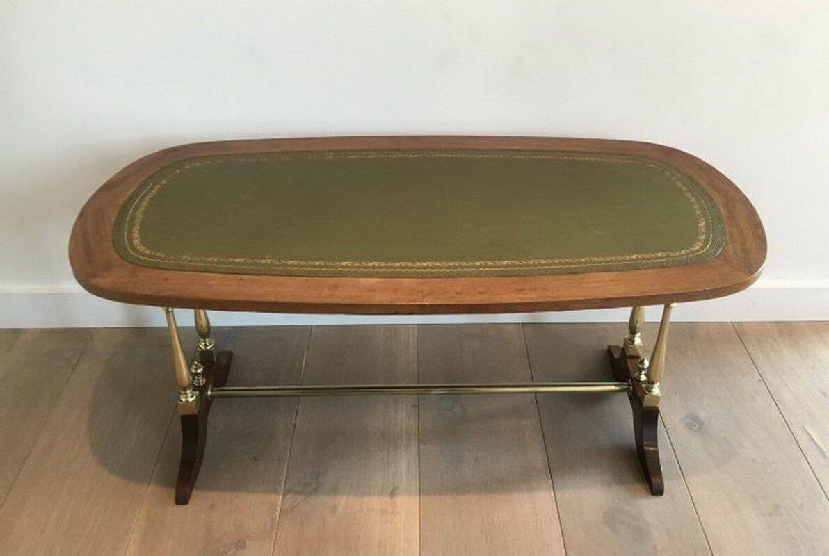Neoclassical coffee table in wood, brass and leather