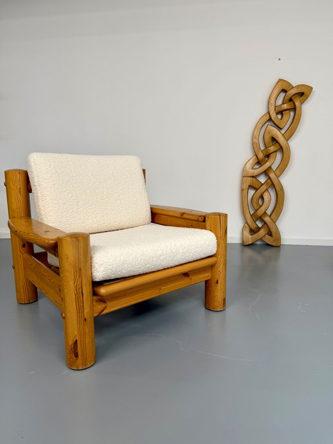 Twisted solid wood sculpture, vintage 1970s design.