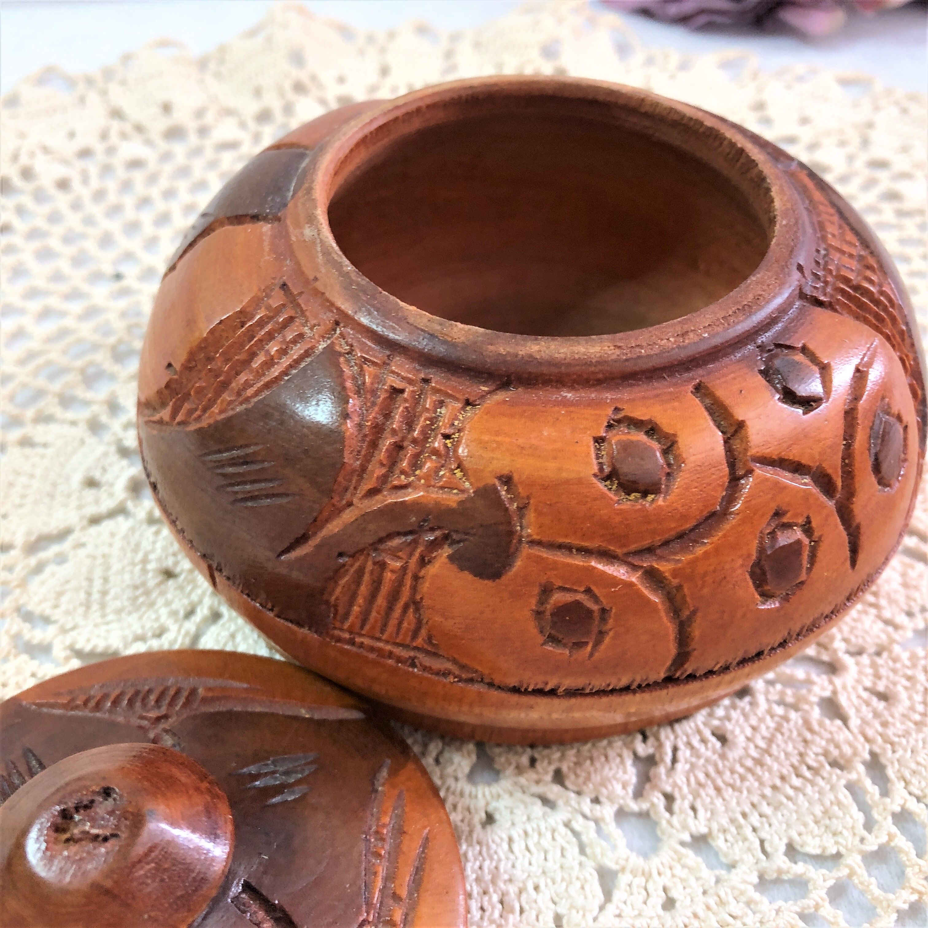 Handmade wooden box brown copper polychrome vintage