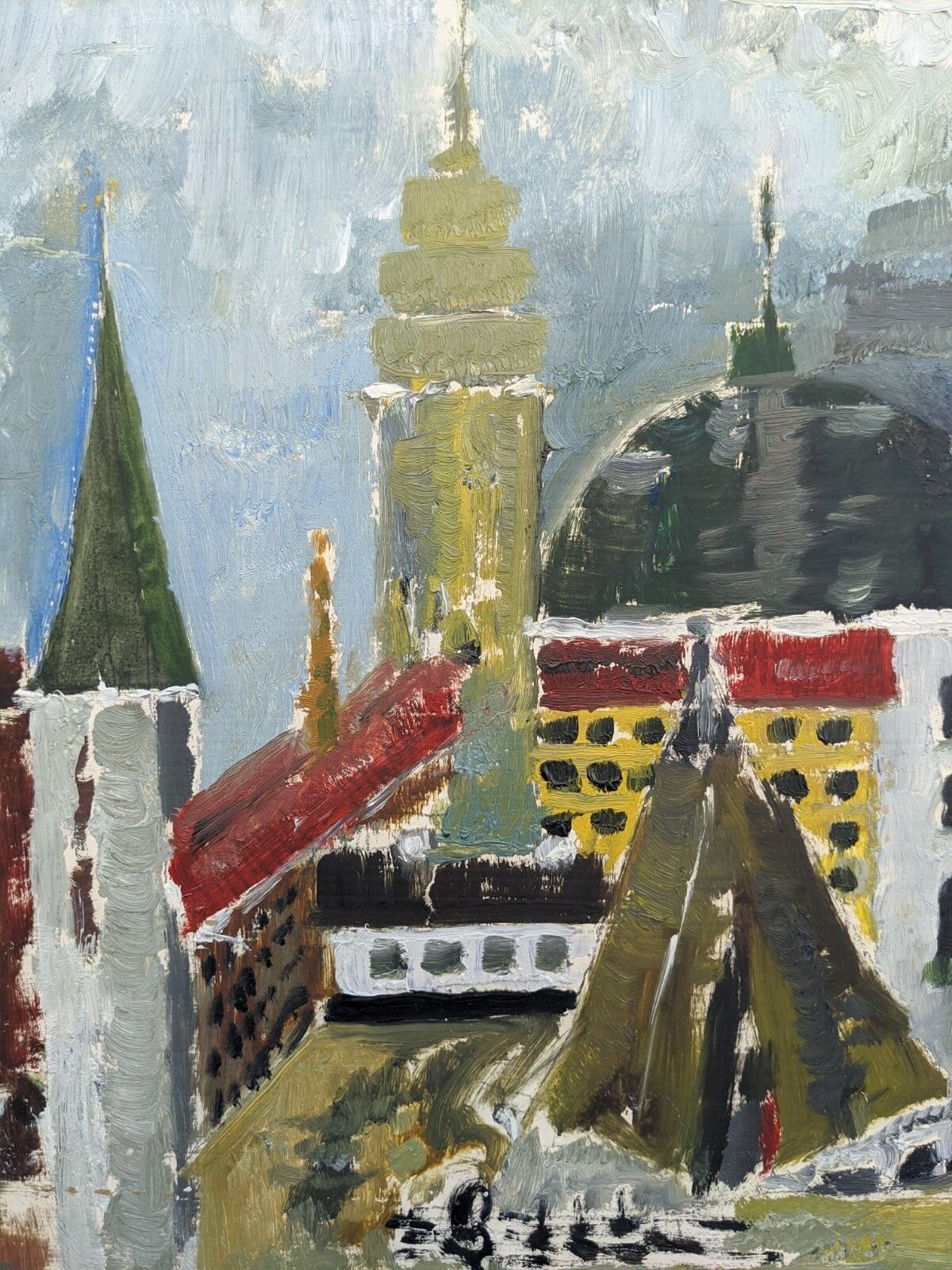 Mid-Century Modern Swedish Cityscape "City Views" Framed Oil Painting