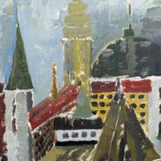 Mid-Century Modern Swedish Cityscape "City Views" Framed Oil Painting