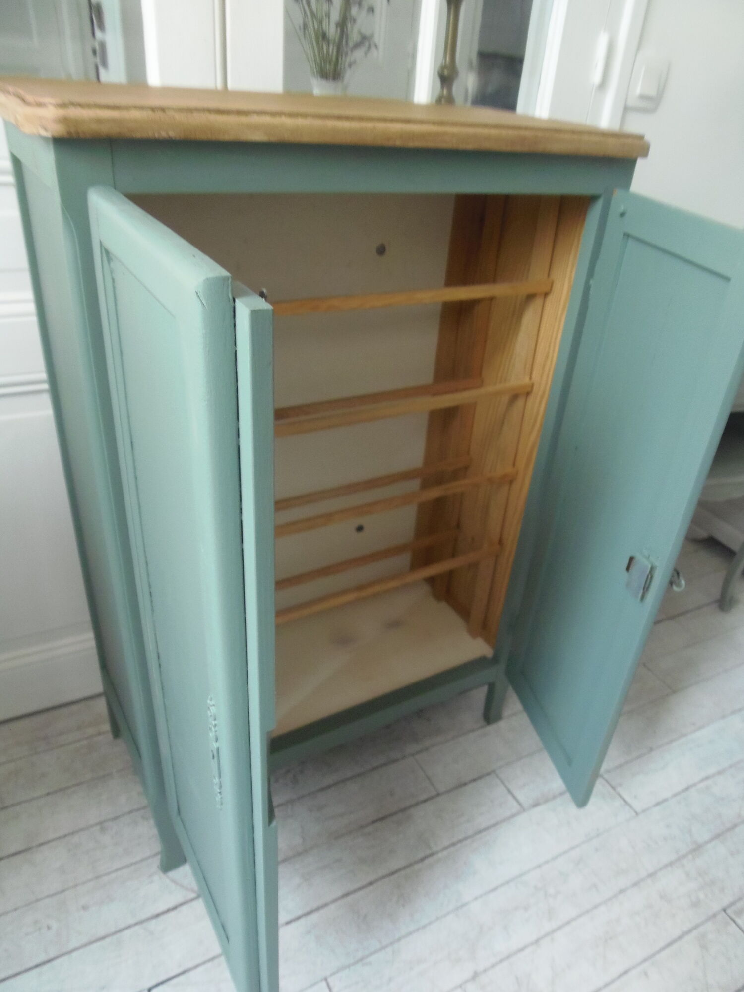 Vintage shoe cabinet smoked green wax finish, wooden top.
